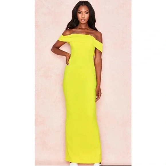 HOUSE OF CB 'Shelby' Yellow Crepe Off Shoulder Column Maxi Dress NWOT - Picture 3 of 5